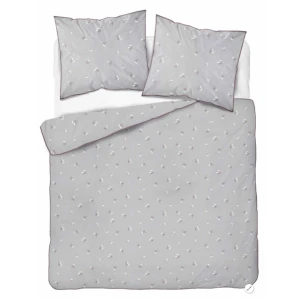 Pościel bawełniana Perkal 160x200 cm 5897B Drobne kwiatuszki na jasnoszarym tle z ozdobną fioletową lamówką