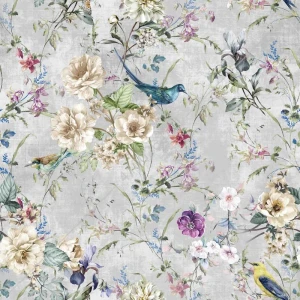 Obrus SOFT 130x220 cm 410026/001 Kwiaty i ptaszki na jasnoszarym tle