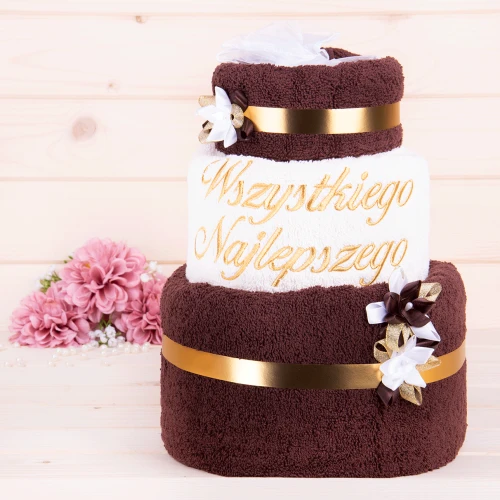 Tort z ręczników 3 poziomowy z haftem Wszystkiego Najlepszego wzór 33 w kolorach ciemny brąz, ecru, ciemny brąz
