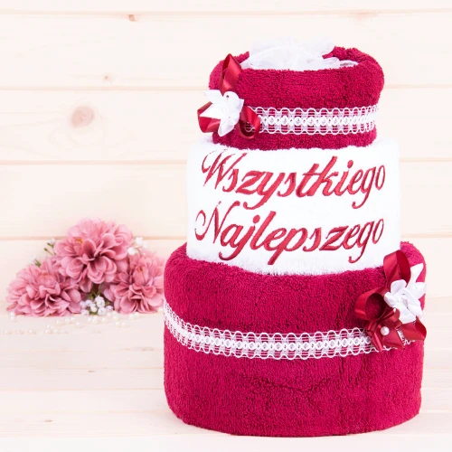 Tort z ręczników 3 poziomowy z haftem Wszystkiego najlepszego wzór 7 w kolorach bordo, biały, bordo + bordowy haft