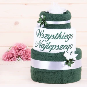 Tort z ręczników 3 poziomowy z haftem Wszystkiego najlepszego wzór 14
w kolorach ciemna zieleń, biały, ciemna zieleń