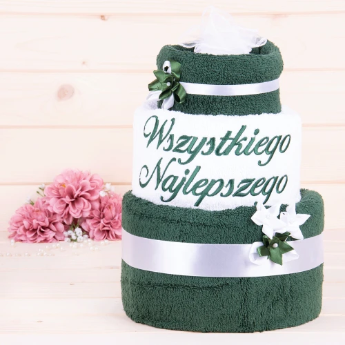 Tort z ręczników 3 poziomowy z haftem Wszystkiego najlepszego wzór 14 w kolorach ciemna zieleń, biały, ciemna zieleń