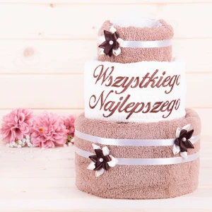 Tort z ręczników 3 poziomowy z haftem Wszystkiego najlepszego wzór 30 w kolorach ciemny beż, ecru, ciemny beż