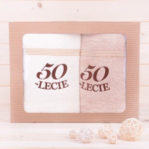 Komplet ręczników 2*70x140 cm 50-lecie wzór 3 ecru i beż + ciemny brąz haft