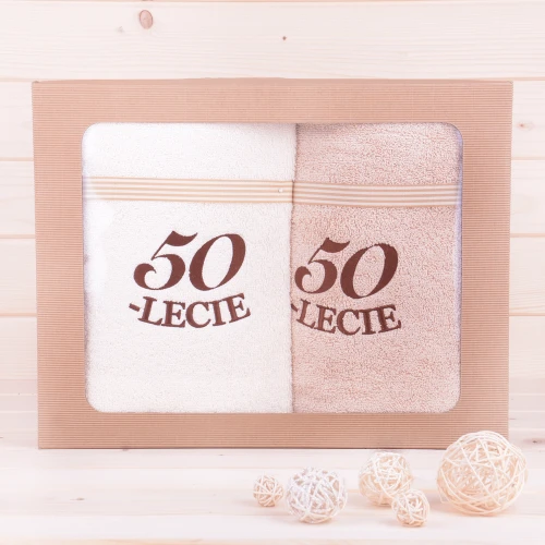 Komplet ręczników 2*70x140 cm 50-lecie wzór 3 ecru i beż + ciemny brąz haft