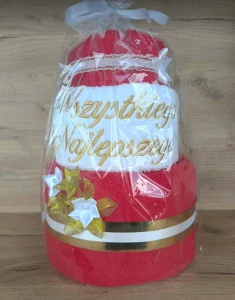Tort z ręczników 3 poziomowy z haftem Wszystkiego najlepszego wzór 6 w kolorach czerwony, biały, czerwony + złoty haft