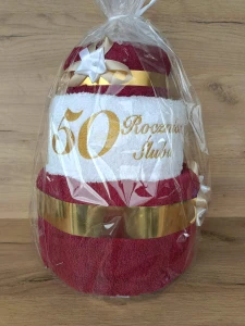 Tort z ręczników 3 poziomowy z haftem 50 rocznica ślubu bordo biały bordo ze złotym haftem