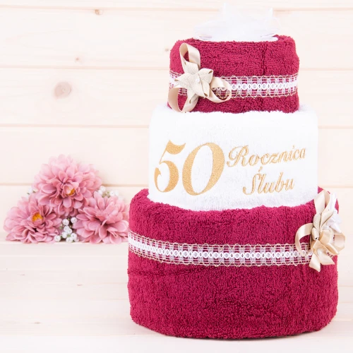 Tort z ręczników 3 poziomowy z haftem 50 rocznica ślubu bordo biały bordo ze złotym haftem