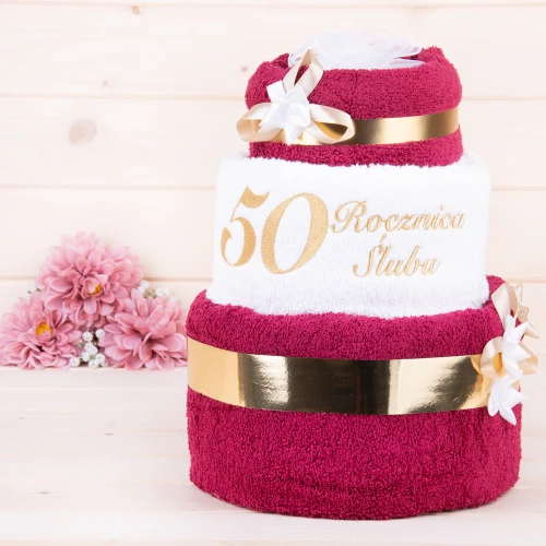 Tort z ręczników 3 poziomowy z haftem 50 rocznica ślubu bordo biały bordo ze złotym haftem