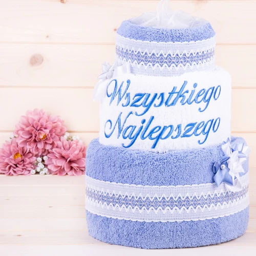 Tort z ręczników 3 poziomowy z haftem Wszystkiego najlepszego wzór 12 w kolorach niebieski, biały, niebieski