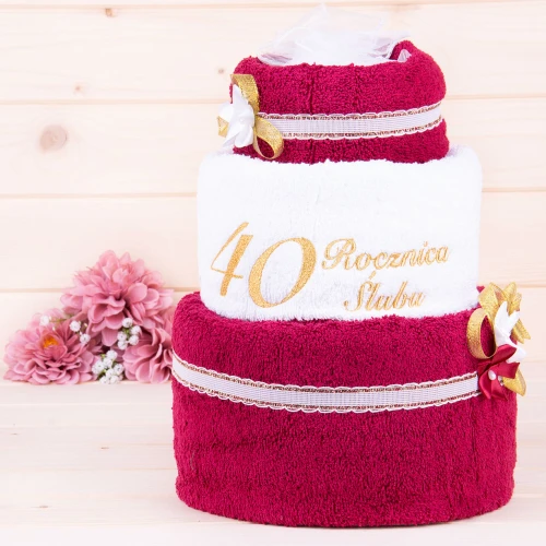 Tort z ręczników 3 poziomowy z haftem 40 rocznica ślubu w kolorach bordo, biały, bordo