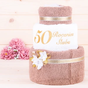 Tort z ręczników 3 poziomowy z haftem 50 rocznica ślubu ciemny beż, biały, ciemny beż