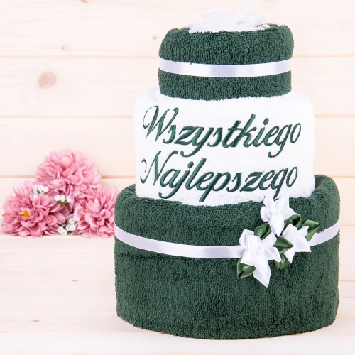 Tort z ręczników 3 poziomowy z haftem Wszystkiego najlepszego wzór 14 w kolorach ciemna zieleń, biały, ciemna zieleń