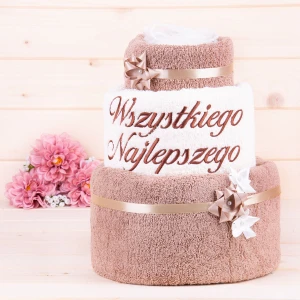 Tort z ręczników 3 poziomowy z haftem Wszystkiego najlepszego wzór 26 w kolorach ciemny beż, ecru, ciemny beż