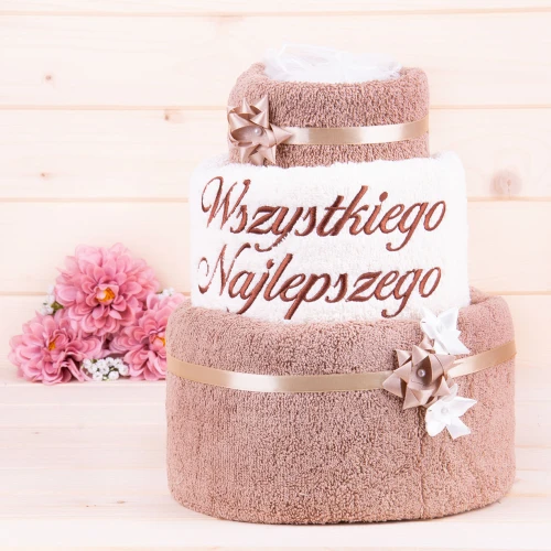Tort z ręczników 3 poziomowy z haftem Wszystkiego najlepszego wzór 26 w kolorach ciemny beż, ecru, ciemny beż