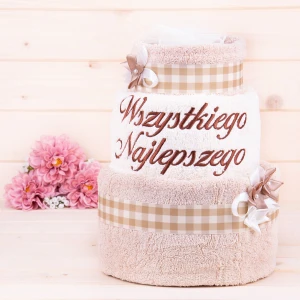 Tort z ręczników 3 poziomowy z haftem Wszystkiego najlepszego wzór 23 
w kolorach jasny beż, ecru, jasny beż