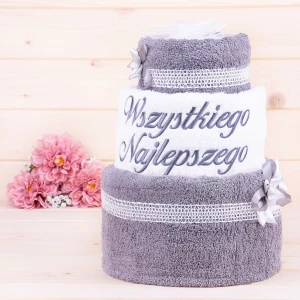 Tort z ręczników 3 poziomowy z haftem Wszystkiego najlepszego wzór 40
w kolorach szary, biały, szary