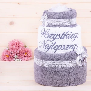 Tort z ręczników 3 poziomowy z haftem Wszystkiego najlepszego wzór 43 w kolorach szary, biały, szary