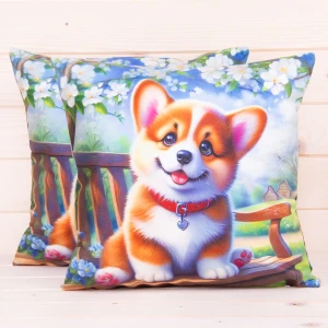 Poszewka ozdobna Foto 40x40 cm Wesoły Corgi w wiosennym ogrodzie PA-395