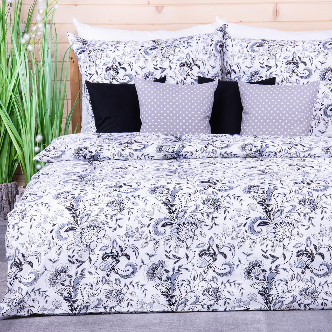 Pościel bawełniana 140x200 cm Szare kwiaty