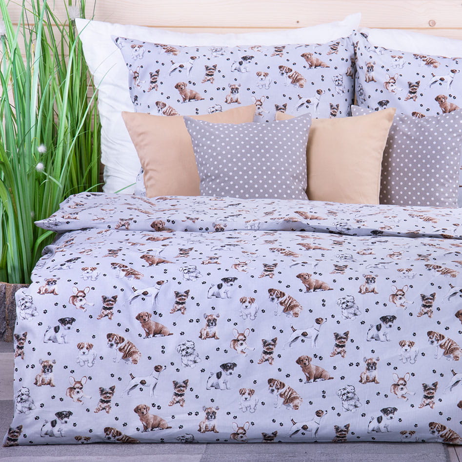 Pościel bawełniana 100x135 cm Pieski+łapki jasnoszara