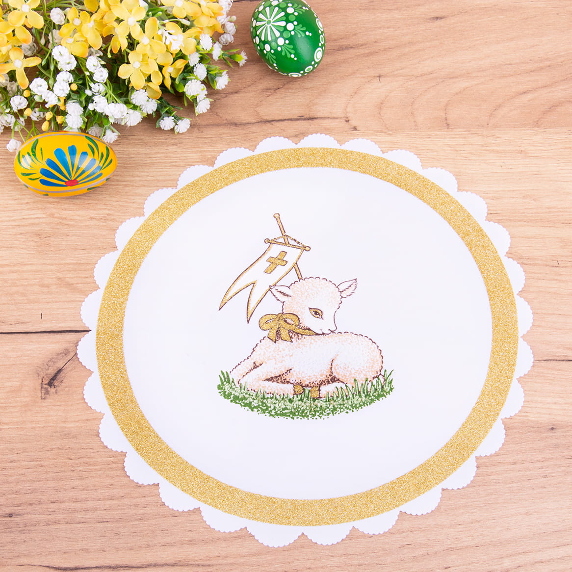 Serwetka wielkanocna koło 35 cm Baranek biała ze złotym
