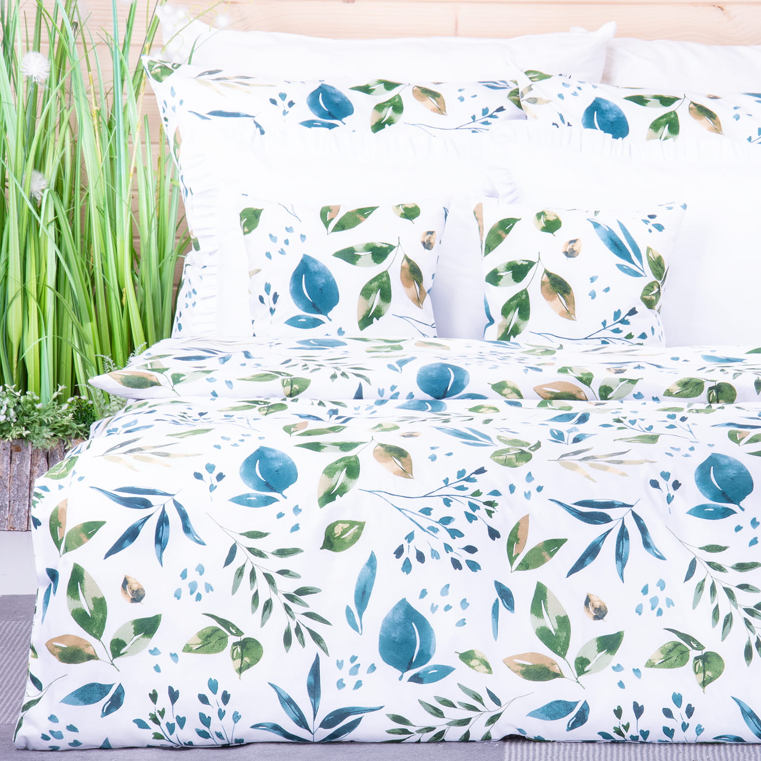 Pościel bawełniana 160x200 cm Turkusowe listki na białym
