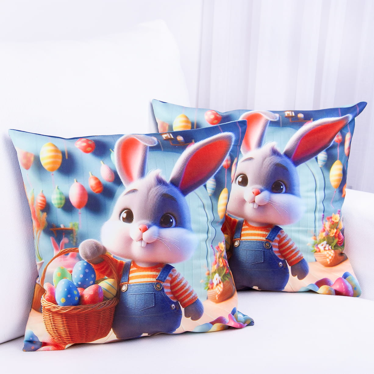 Poszewka wielkanocna 40x40 cm Bajkowy zajączek w ogrodniczkach z koszyczkiem pełnym kolorowych pisanek