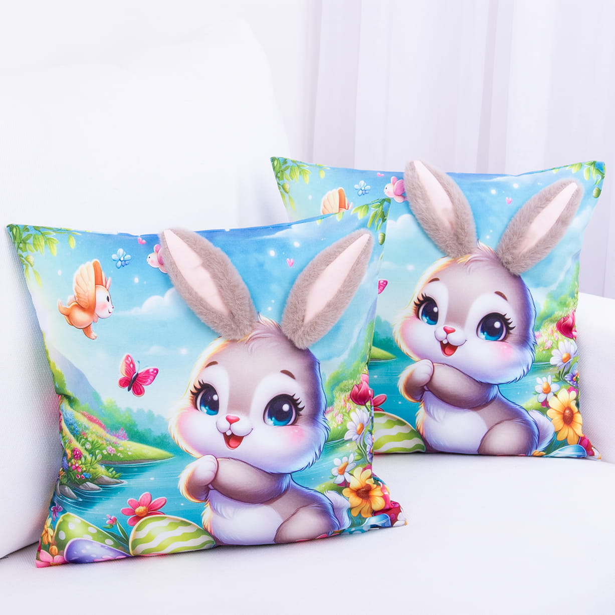 Poszewka wielkanocna 40x40 cm PE-80 Wielkanocny zajączek z uszami 3D w wiosennej scenerii