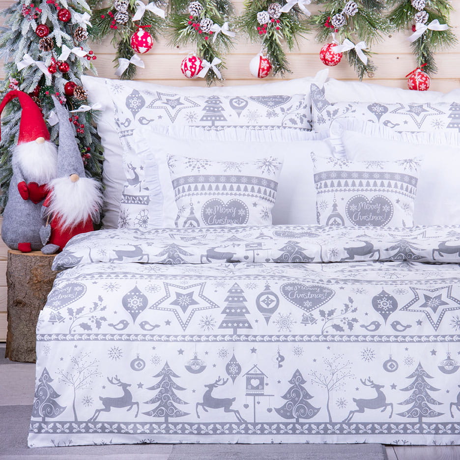 Pościel świąteczna 100x135 cm wzór 2 Szare serduszko Merry Christmas na białym tle