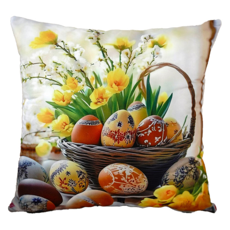 Poszewka wielkanocna 40x40 cm PE-175 Koszyk kolorowych pisanek z żonkilami