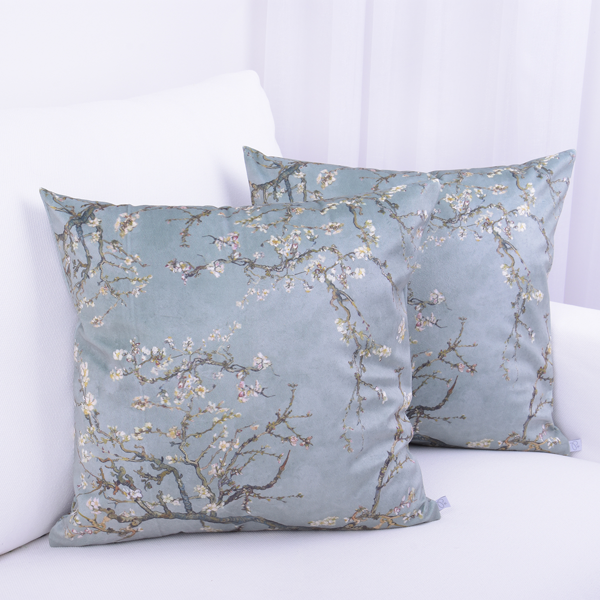 Poszewka ozdobna 40x40 cm Velvet Kwitnący migdałowiec szałwia D00301/012