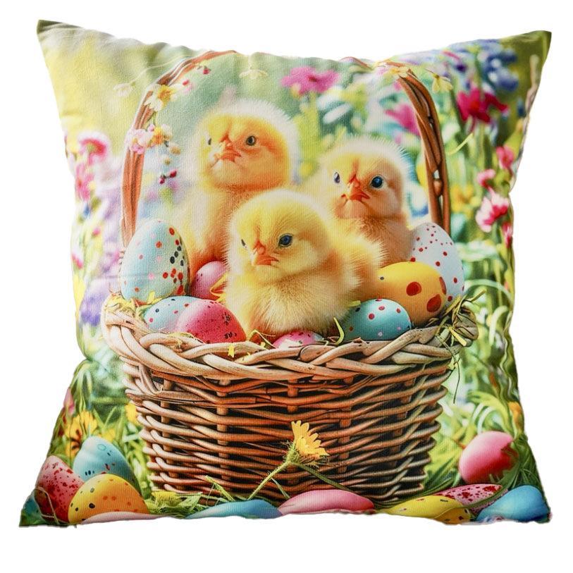 Poszewka wielkanocna 45x45 cm PE-E54 Wielkanocny koszyczek z kurczątkami i kolorowymi pisankami