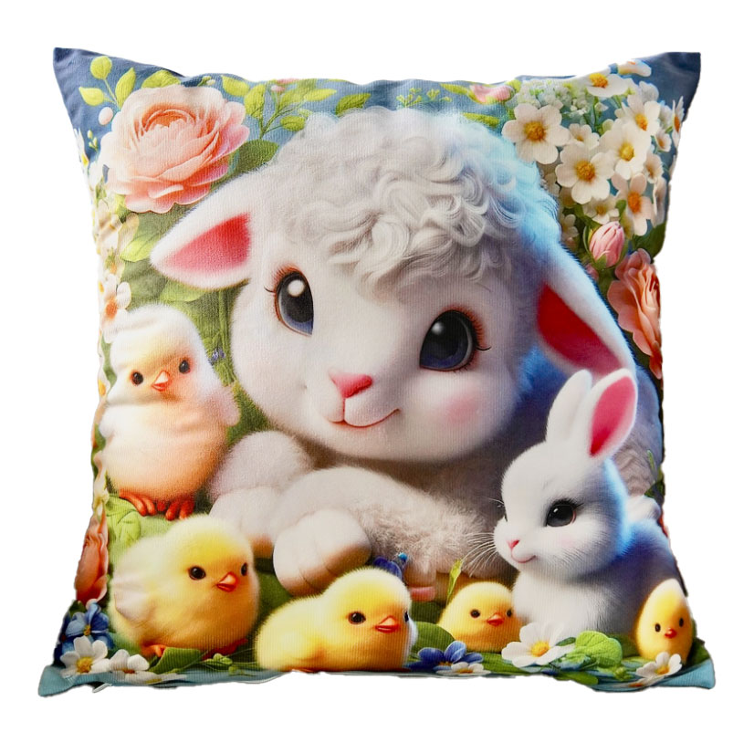 Poszewka wielkanocna 45x45 cm PE-E62 Baranek, zajączek i kurczątka wśród kwiatów