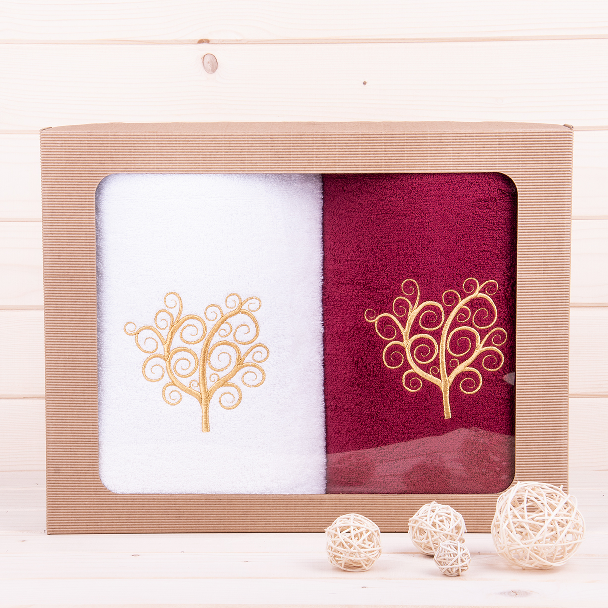 Komplet ręczników 2*70x140 cm Drzewo biały + bordo