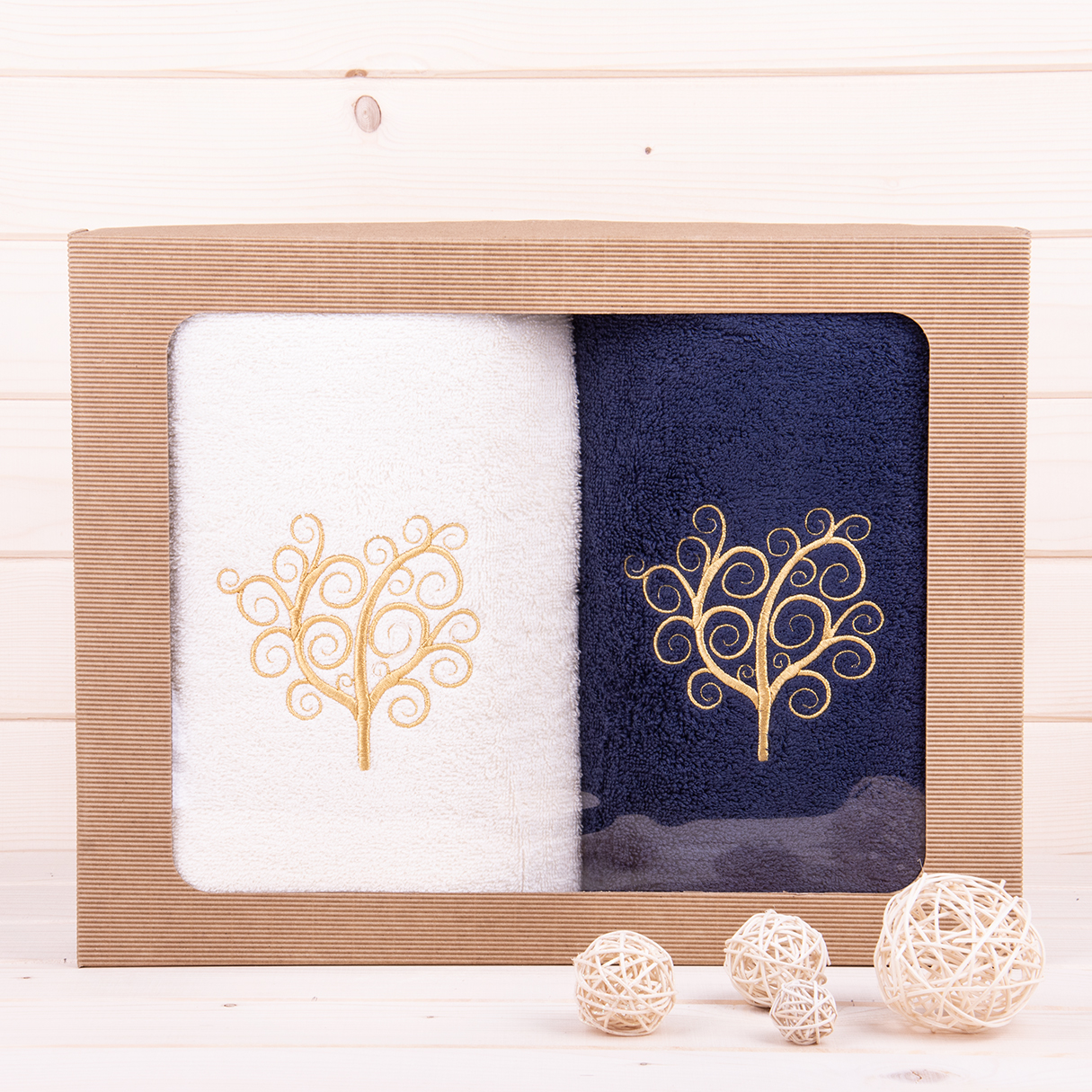 Komplet ręczników 2*70x140 cm Drzewo ecru + granat