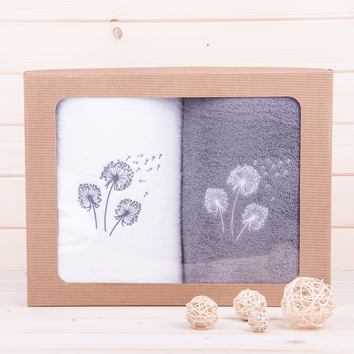 Komplet ręczników 2*70x140 cm Dmuchawce biały i szary wzór 1