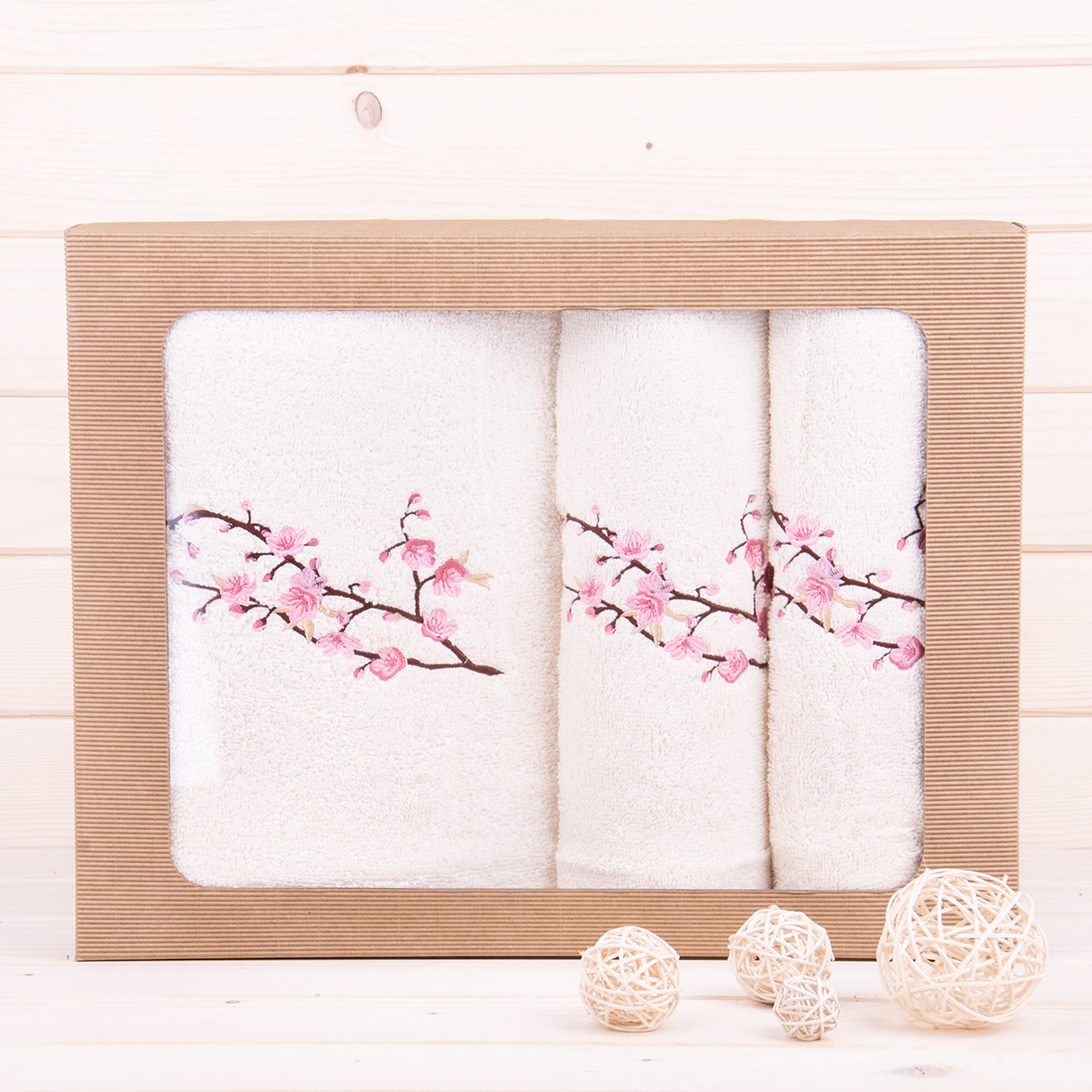 Komplet ręczników 2*50x100 cm + 1*70x140 cm Gałązka wiśni ecru