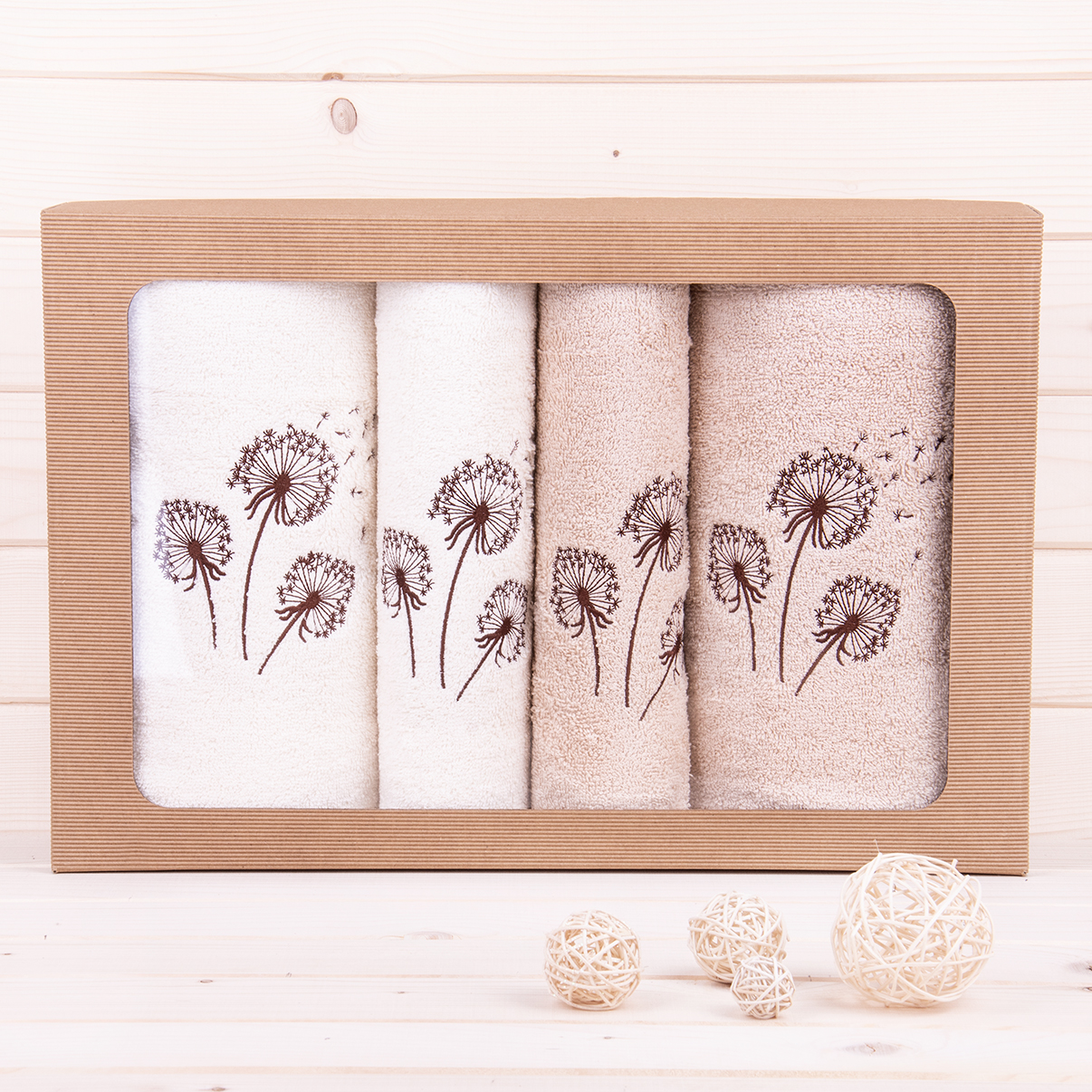 Komplet ręczników 2*50x100 cm + 2*70x140 cm Dmuchawce ecru + beż