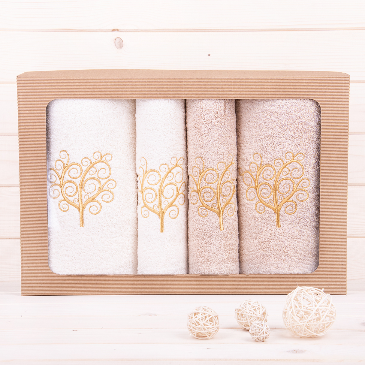 Komplet ręczników 2*50x100 cm + 2*70x140 cm Drzewo ecru + beż