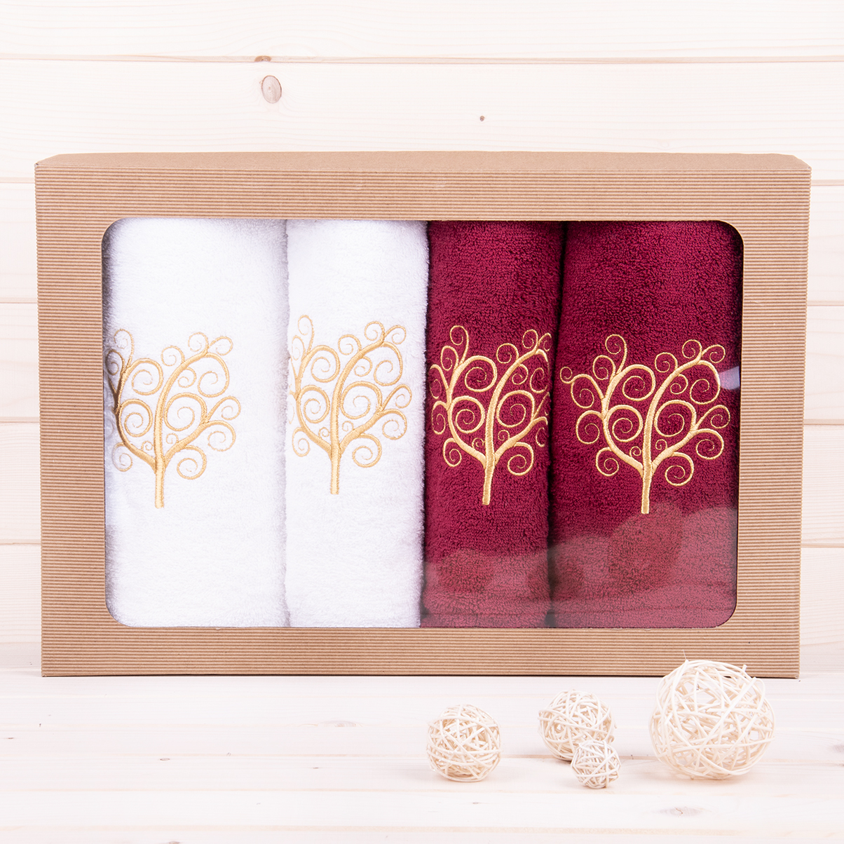 Komplet ręczników 2*50x100 cm + 2*70x140 cm Drzewo bordo + biały