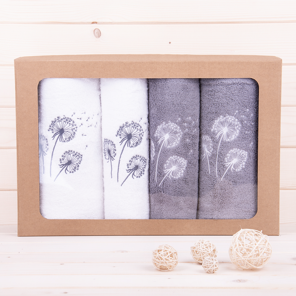 Komplet ręczników 2*50x100 cm + 2*70x140 cm Dmuchawce biały + szary