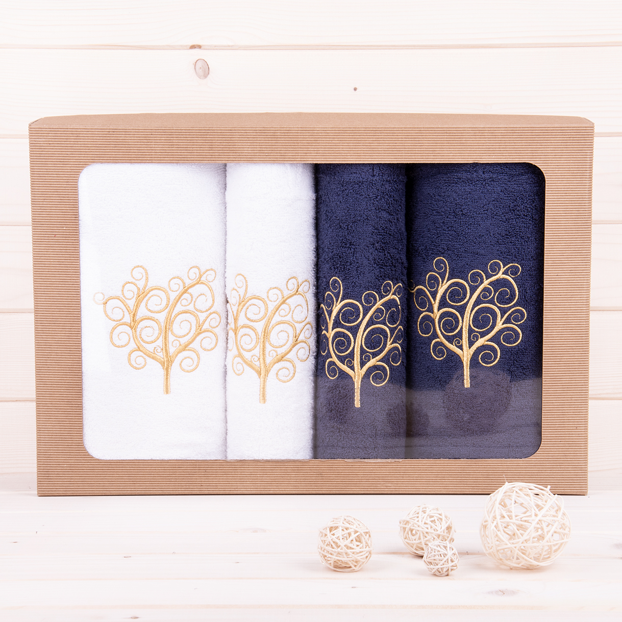 Komplet ręczników 2*50x100 cm + 2*70x140 cm Drzewo granat + biały