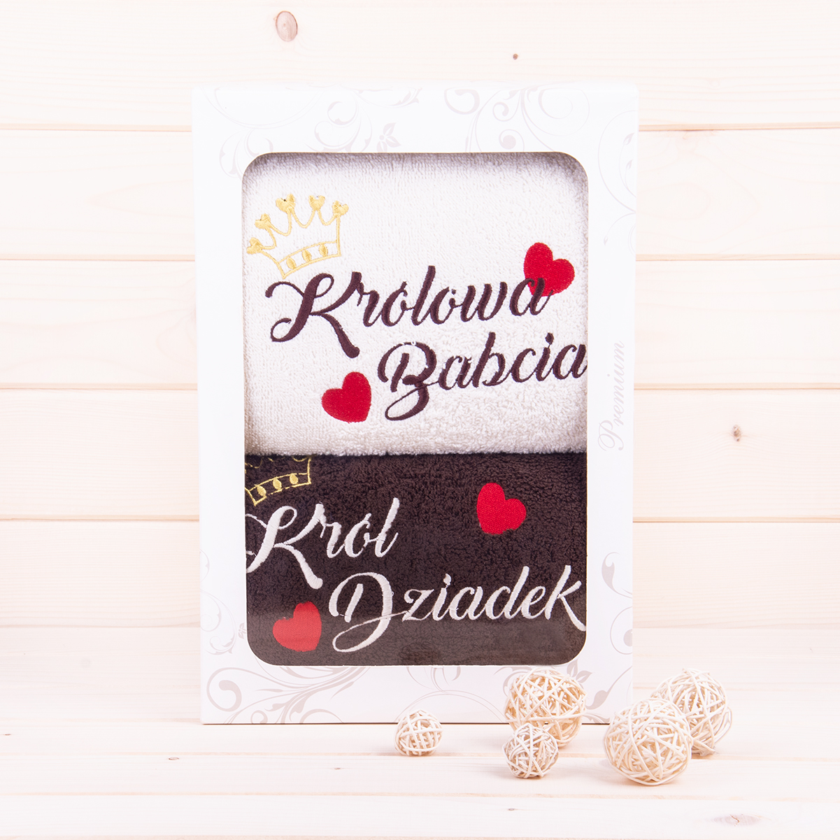 Komplet ręczników 2*50x100 cm Królowa Babcia Król Dziadek Ecru + ciemny brąz