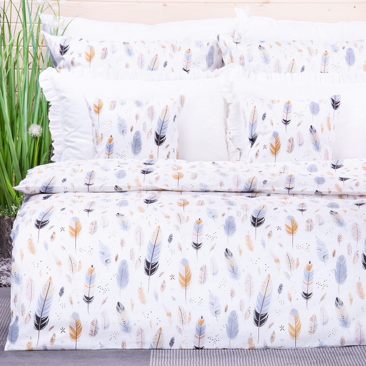 Pościel bawełniana 160x200 cm Beżowe pióra