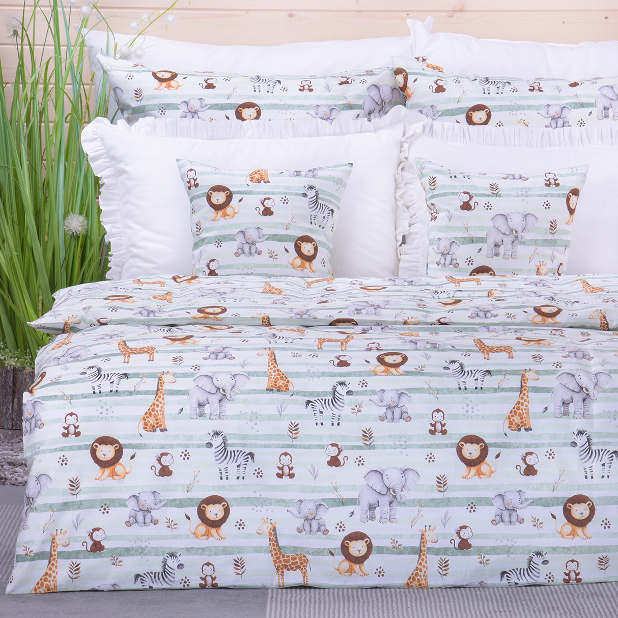 Pościel bawełniana 160x200 cm Safari z zielonymi pasami