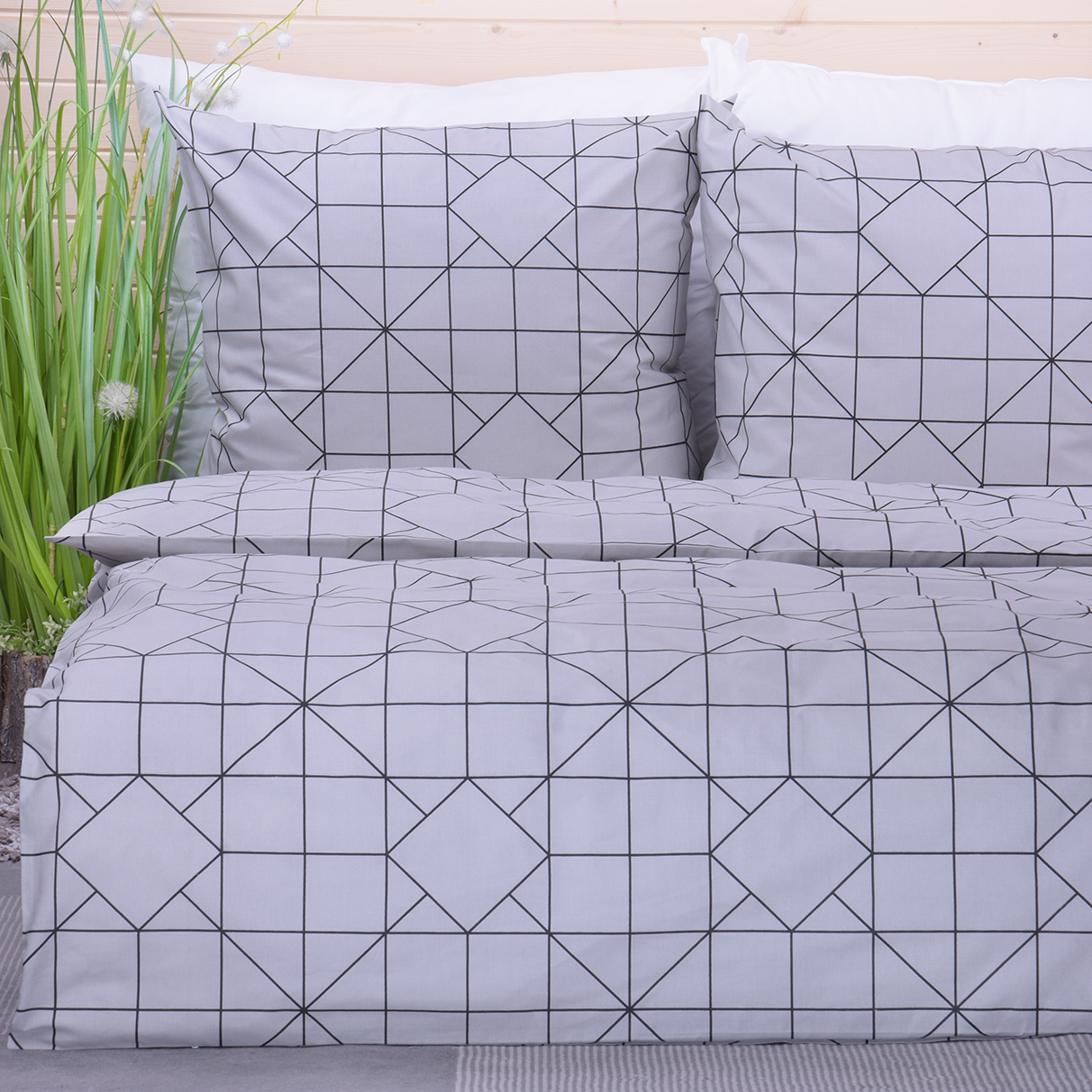 Pościel bawełniana 140x200 cm Geometryczna harmonia szaro-czarna