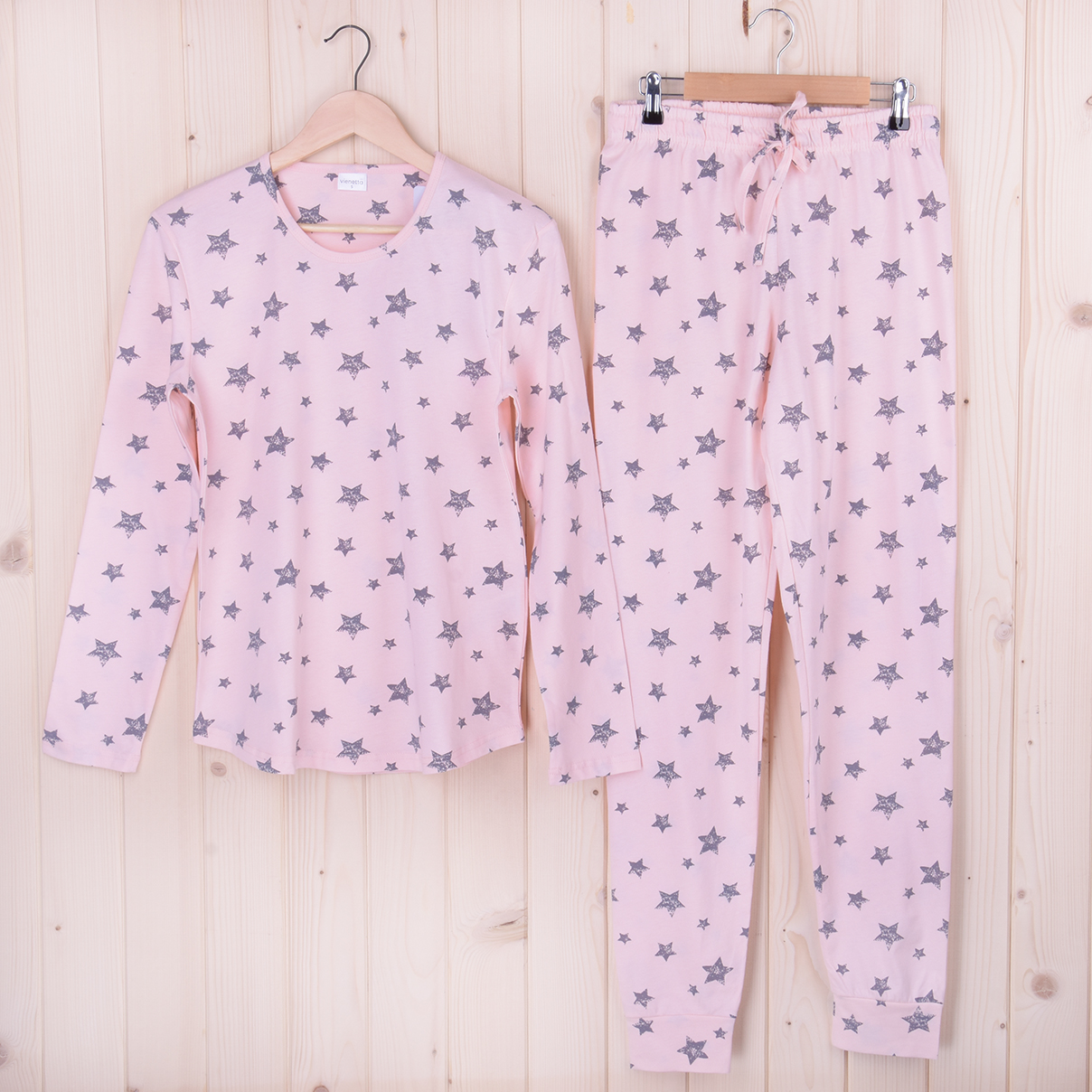 Piżama damska z długimi spodniami i rękawem 503359 rozm: S szare gwiazdki na brzoskwiniowym tle