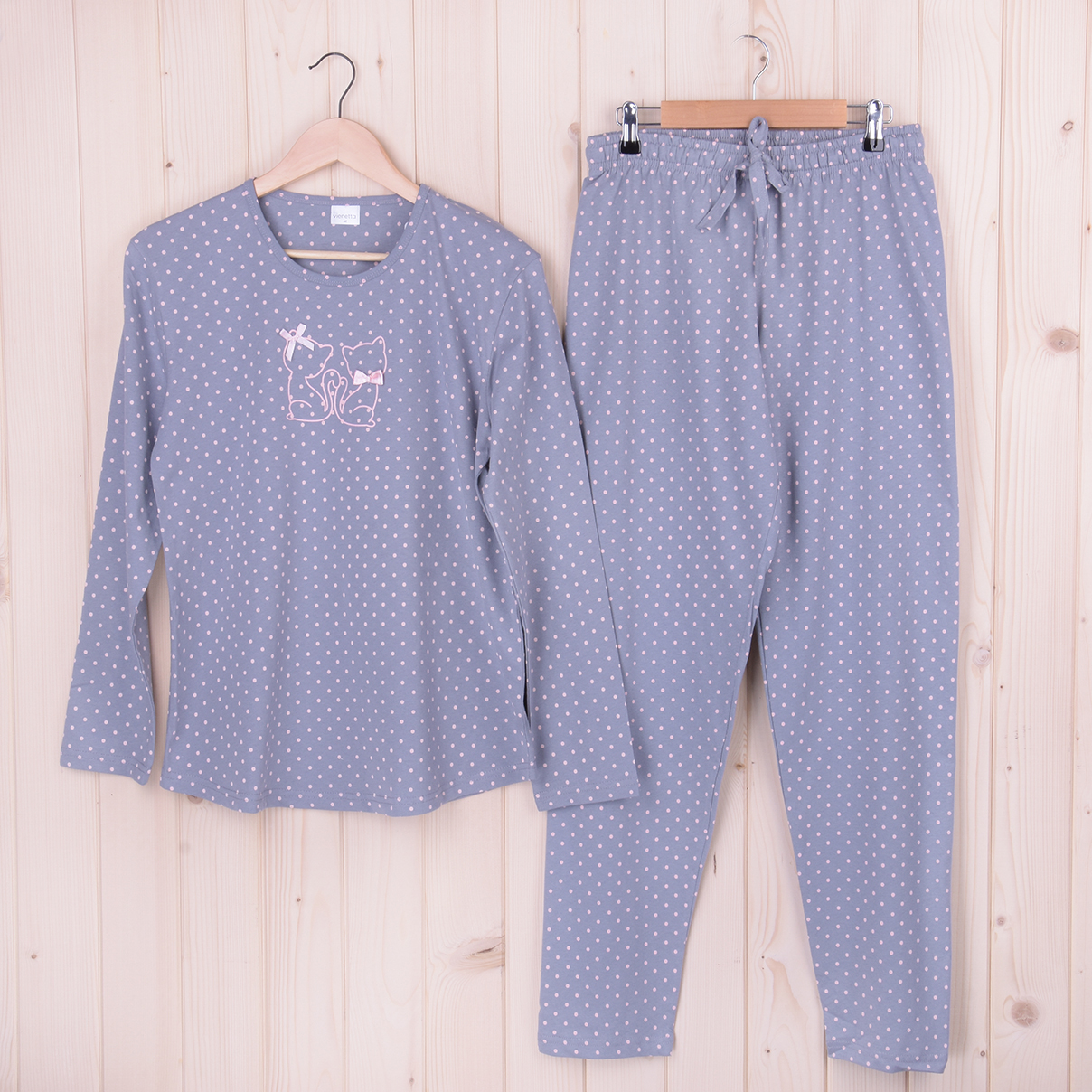 Piżama damska z długimi spodniami i rękawem 503304 rozm: M Kotki na szarym tle