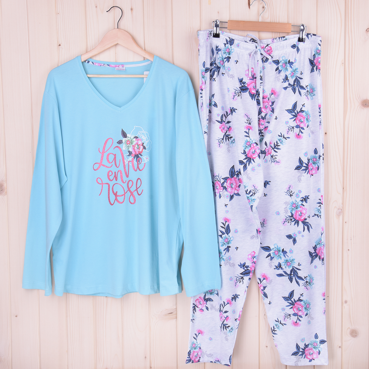 Piżama damska z długimi spodniami i rękawem 106085 rozm: 4XL turkus